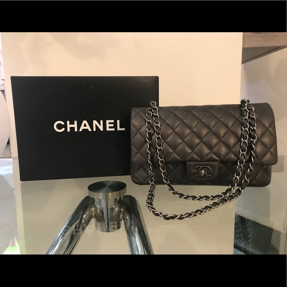 Authentic CHANEL Gunmetal Lambskin Double Flap M/L